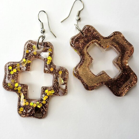 Sparkly Brown Earrings Geometric Shape Earrings or Cross Shape Earrings - Picture 2 of 7